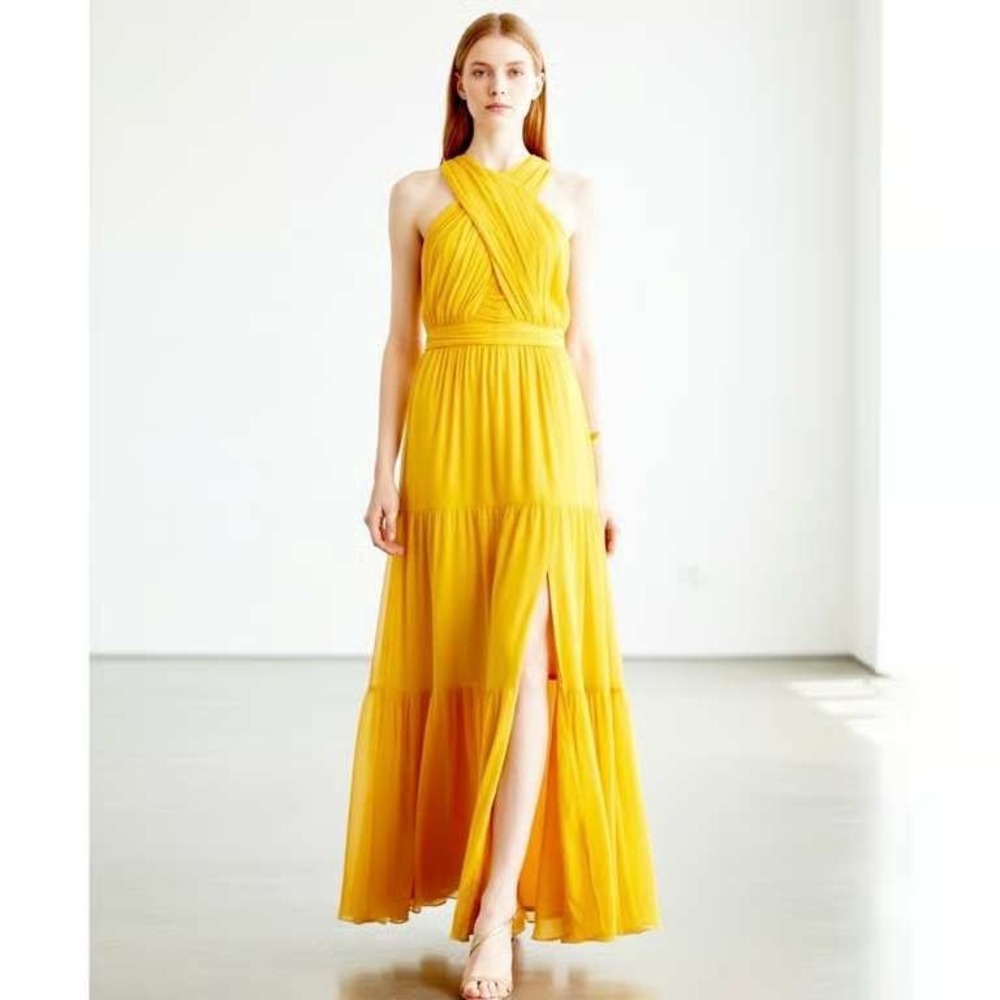 Veronica Beard Florencia Silk Maxi Dress Canary Yellow Halter Tiered Size 00